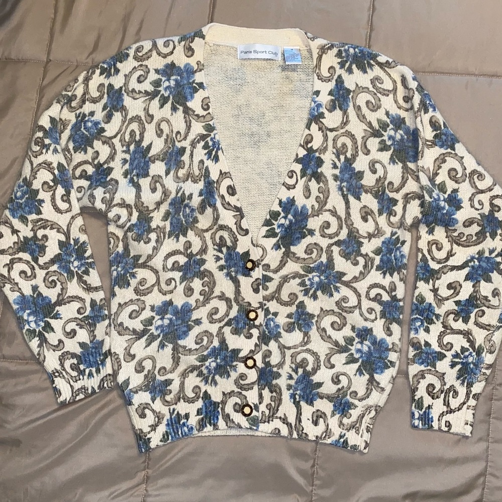 Floral Patterned Cardigan Sweater - Blue and Cream